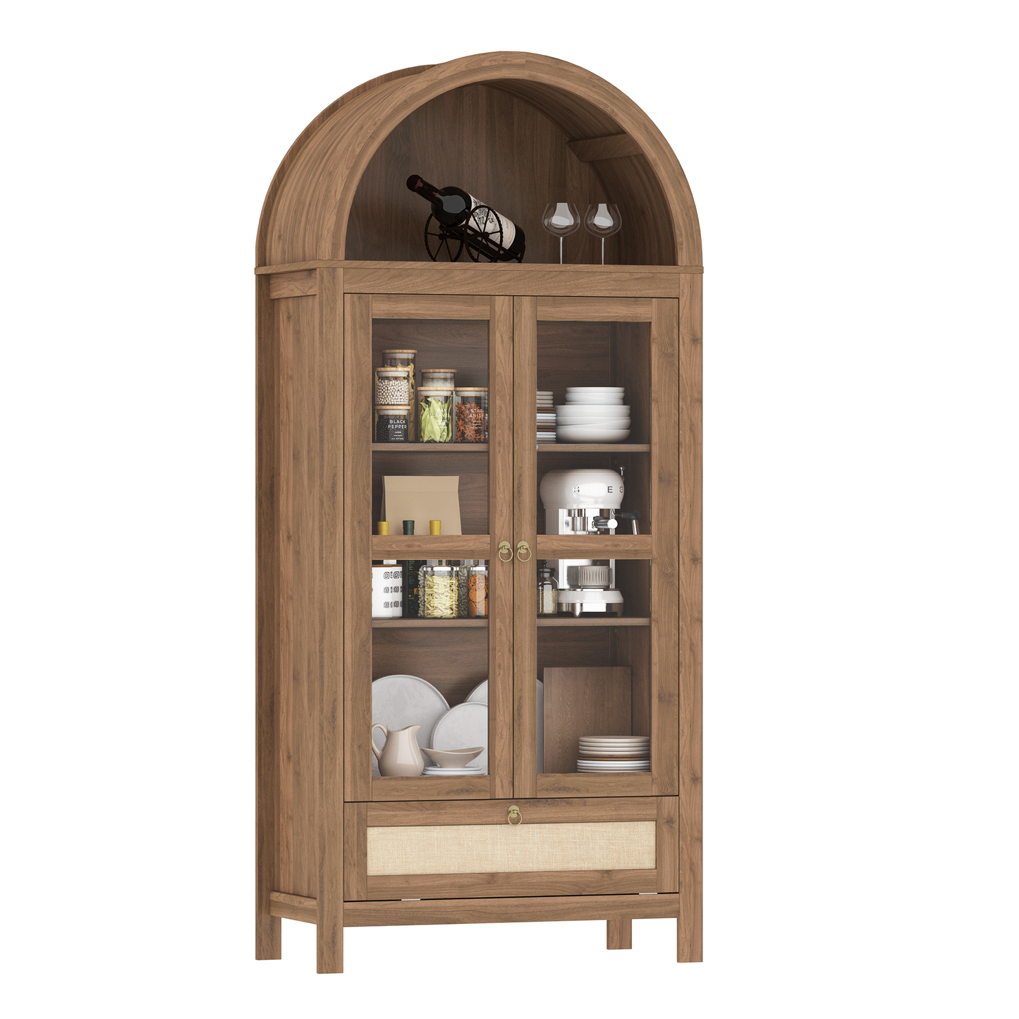 LAZZO Stylish 73" Arched Wood Display Cabinet with Glass Doors and Storage Drawer,Brown