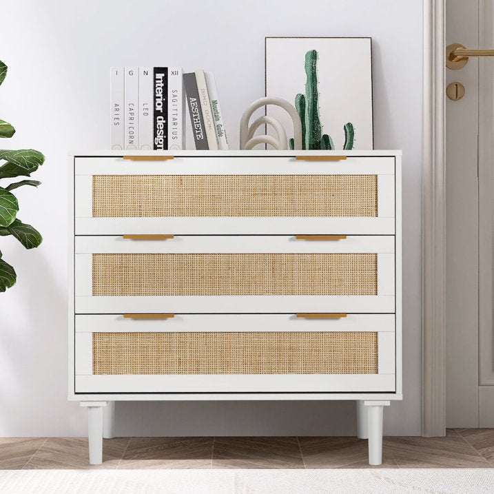 LAZZO 3 Drawer Dresser for Bedroom, Rattan Dresser, Wood White LAZZO 3 Drawer Dresser for Bedroom, Rattan Dresser, Wood White
