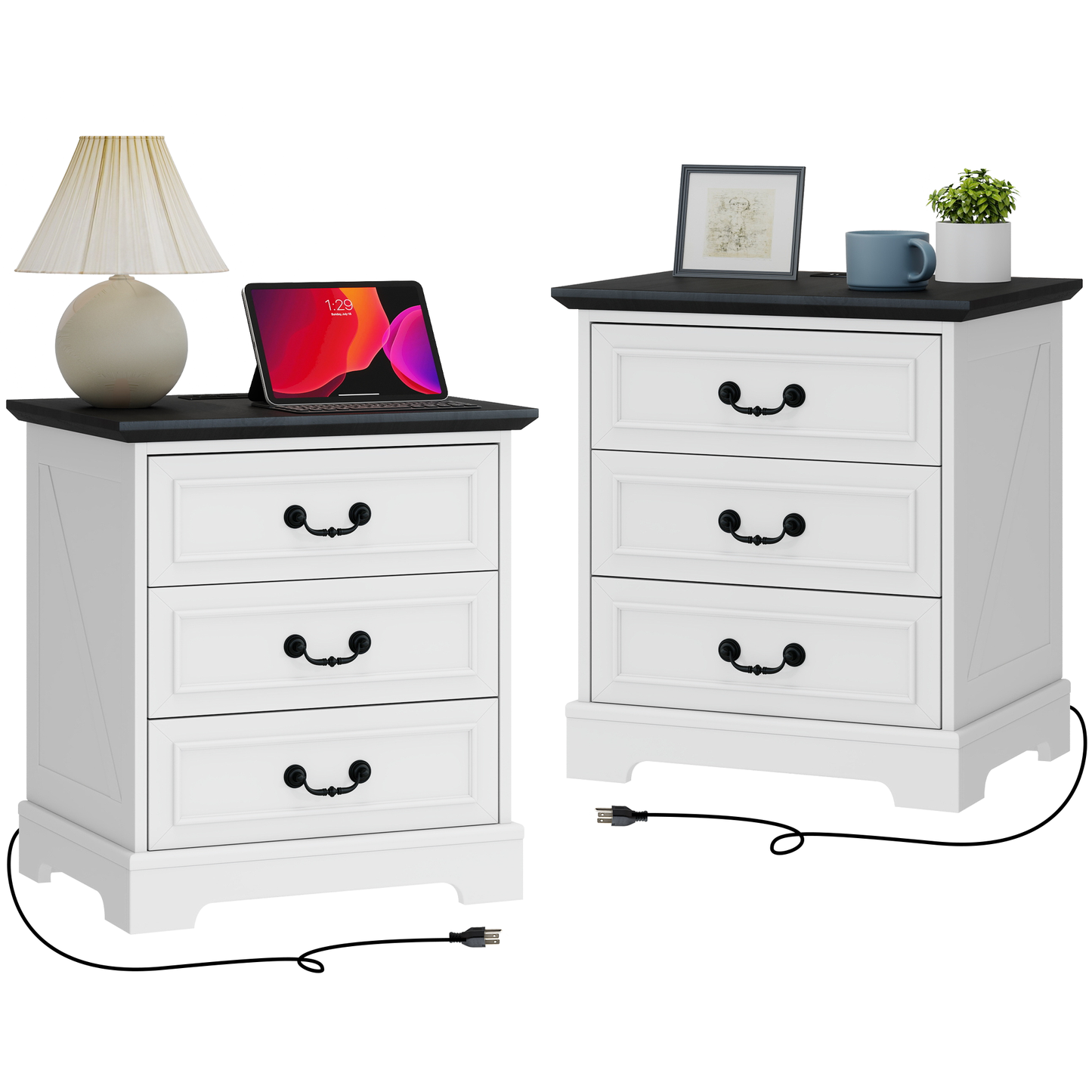 HOPUBUY 22" Farmhouse Nightstand Set of 2 with Charging Station, Wood Night Stand with Antique Handles, 3 Drawer Night Stand Tall Nightstand for Bedroom, Off White and Brown Top