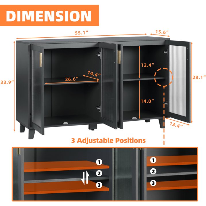 55" Sideboard Buffet Cabinet Credenza Cabinet Large Coffee Bar Cabinet Storage Cabinet with 4 Glass Door and Adjustable Shelves Kitchen Cupboard Console Table for Living Room, Hallway and Dining Room