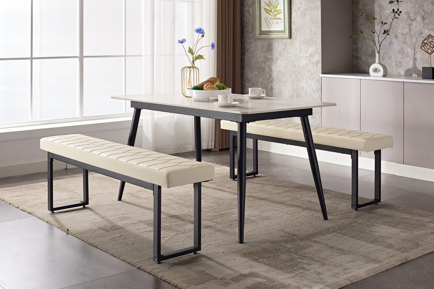 LAZZO 58” Padded Dining Table Bench Pair of 2 for 6-8 Person,White