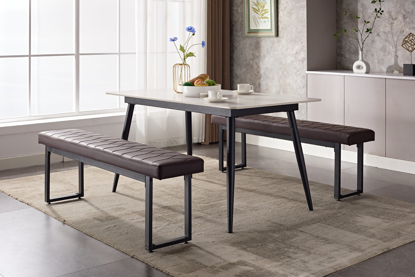 LAZZO 58” Padded Dining Table Bench Pair of 2 for 6-8 Person,Brown