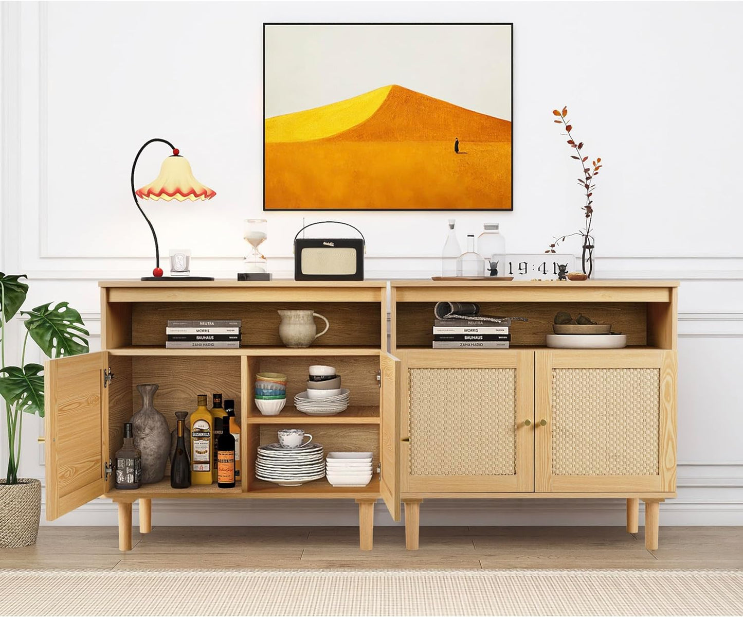 LAZZO Boho Farmhouse Buffet Cabinet with Rattan Doors and Adjustable Shelves – Natural Ash (Set of 2)