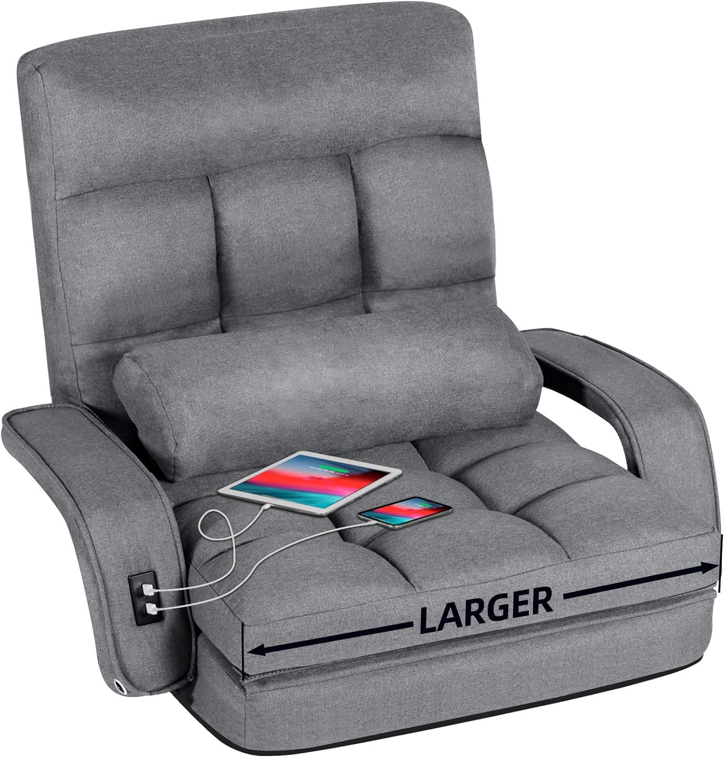 LAZZO Comfy Floor Chair Bedroom 2 USB Charging Ports,Grey