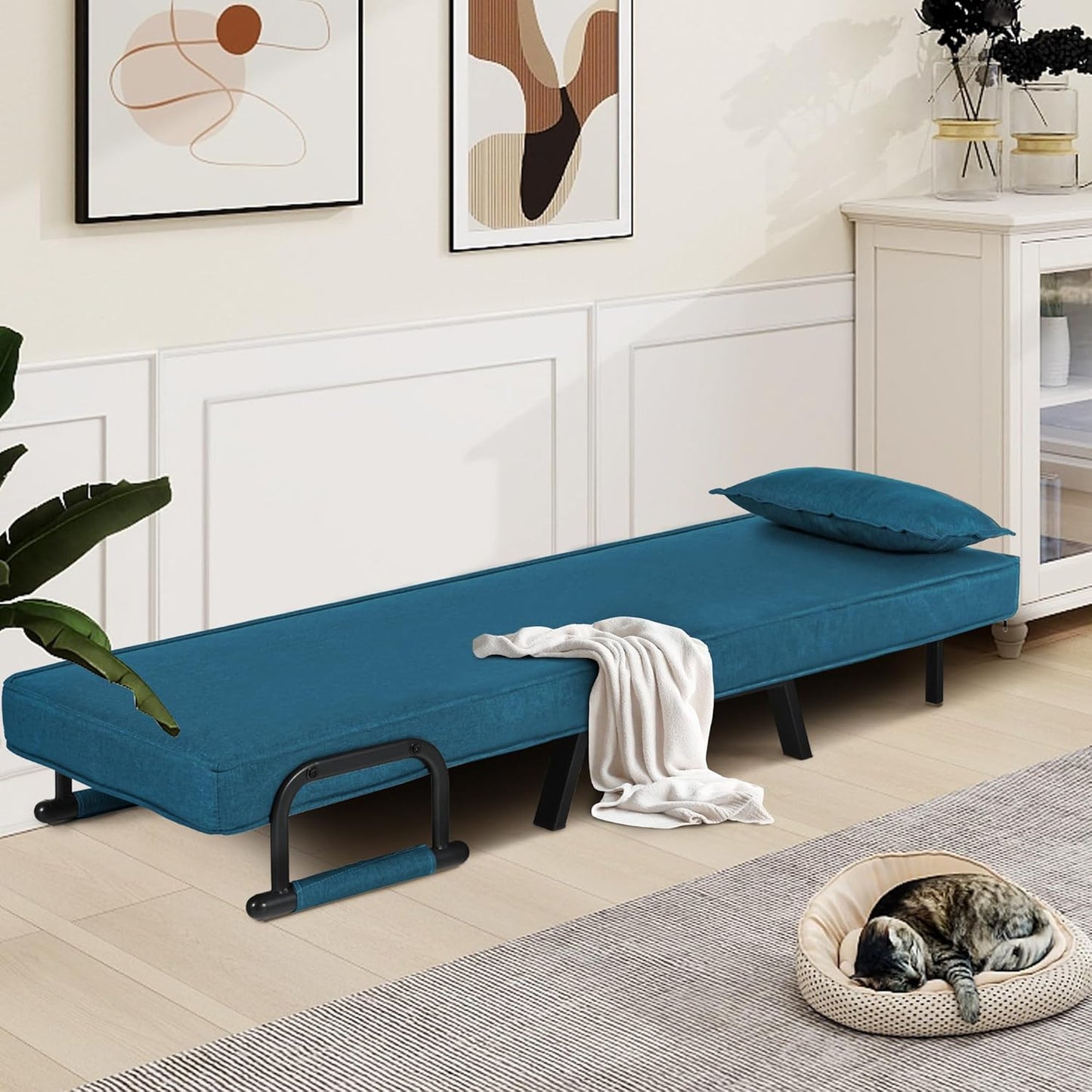 LAZZO Modern Upholstered Sofa Bed: Versatile 5-in-1 Multifunctional Folding Couch Futon with Adjustable Backrest, Blue