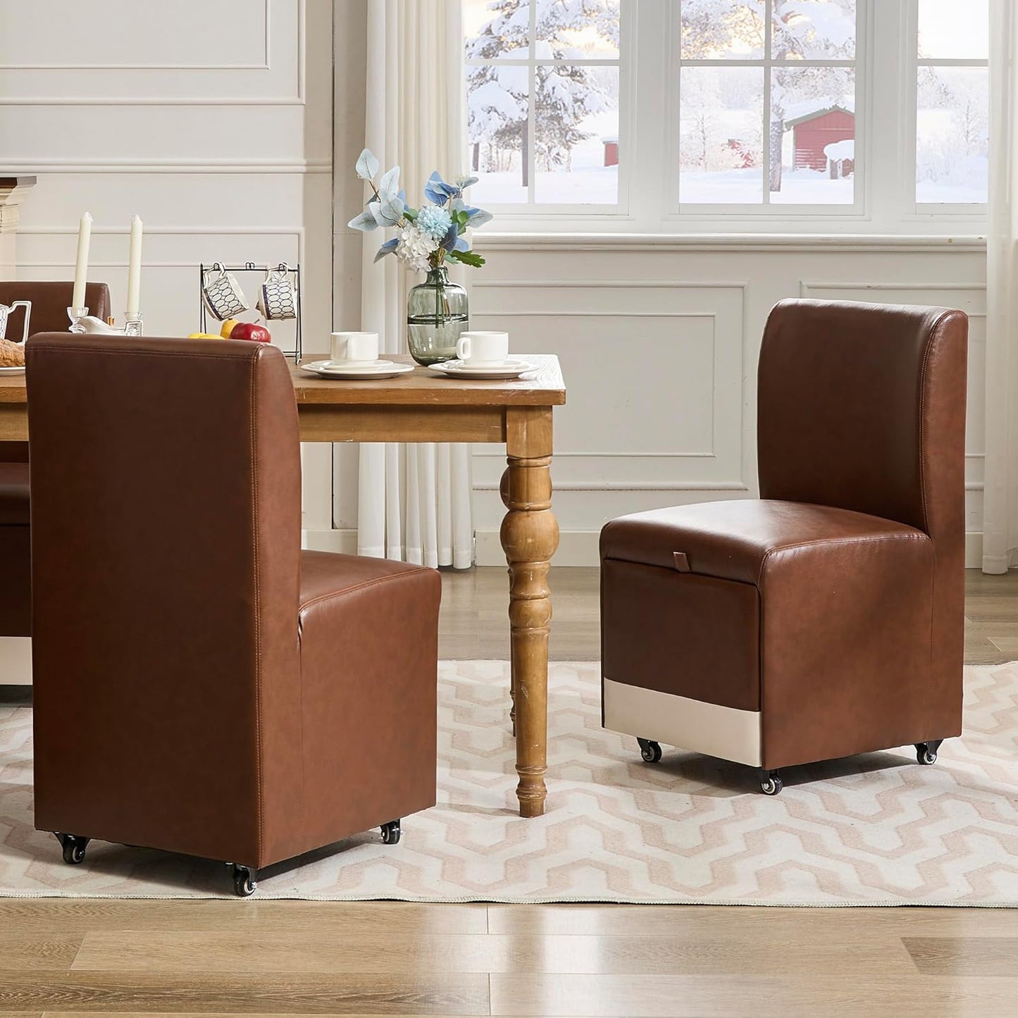 LAZZO Upholstered Dining Chairs Set of 2 w/Casters & Storage (2, Chestnut Brown)
