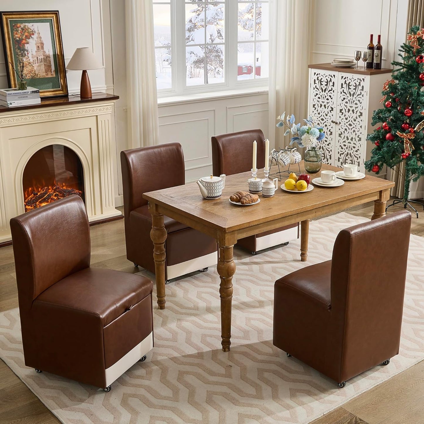 LAZZO Upholstered Dining Chairs Set of 4 w/Casters & Storage (4, Chestnut Brown)