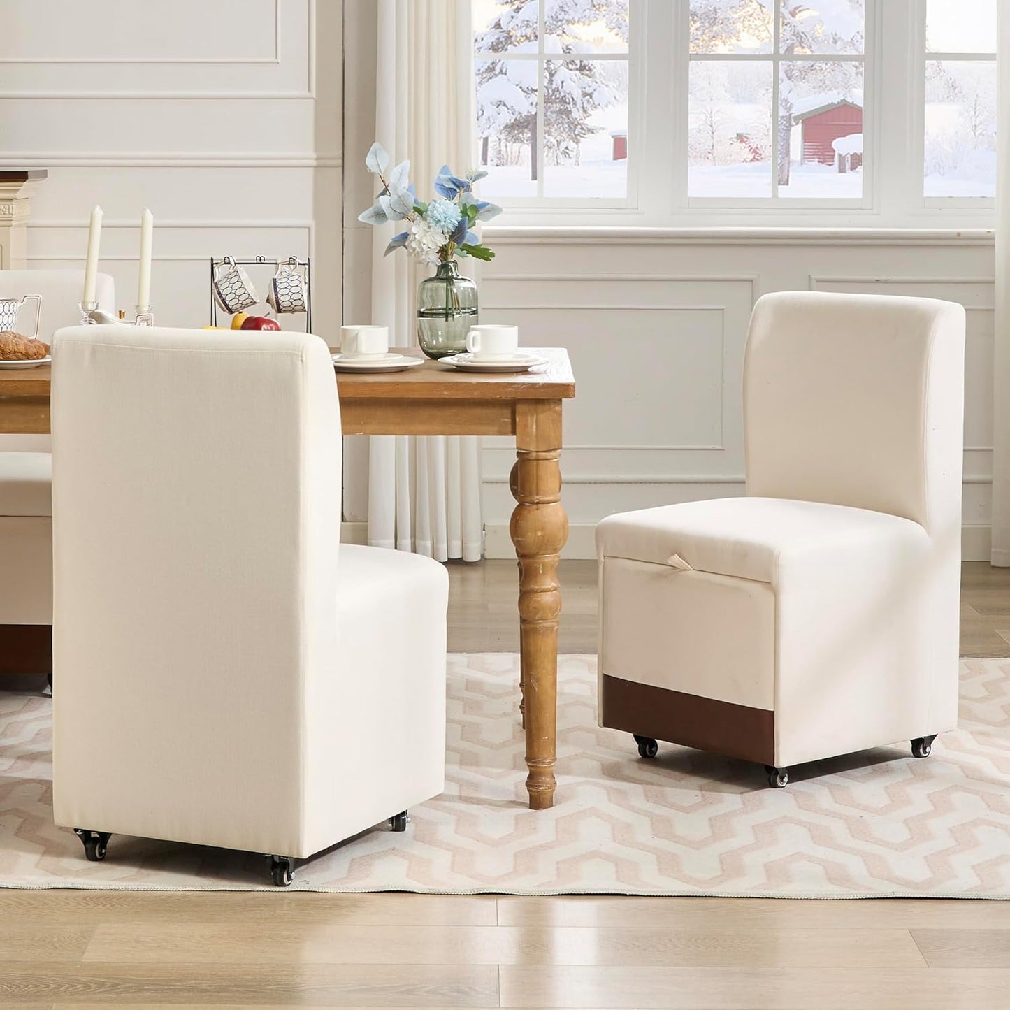 LAZZO Upholstered Dining Chairs Set of 2 w/Casters & Storage (2, Linen)