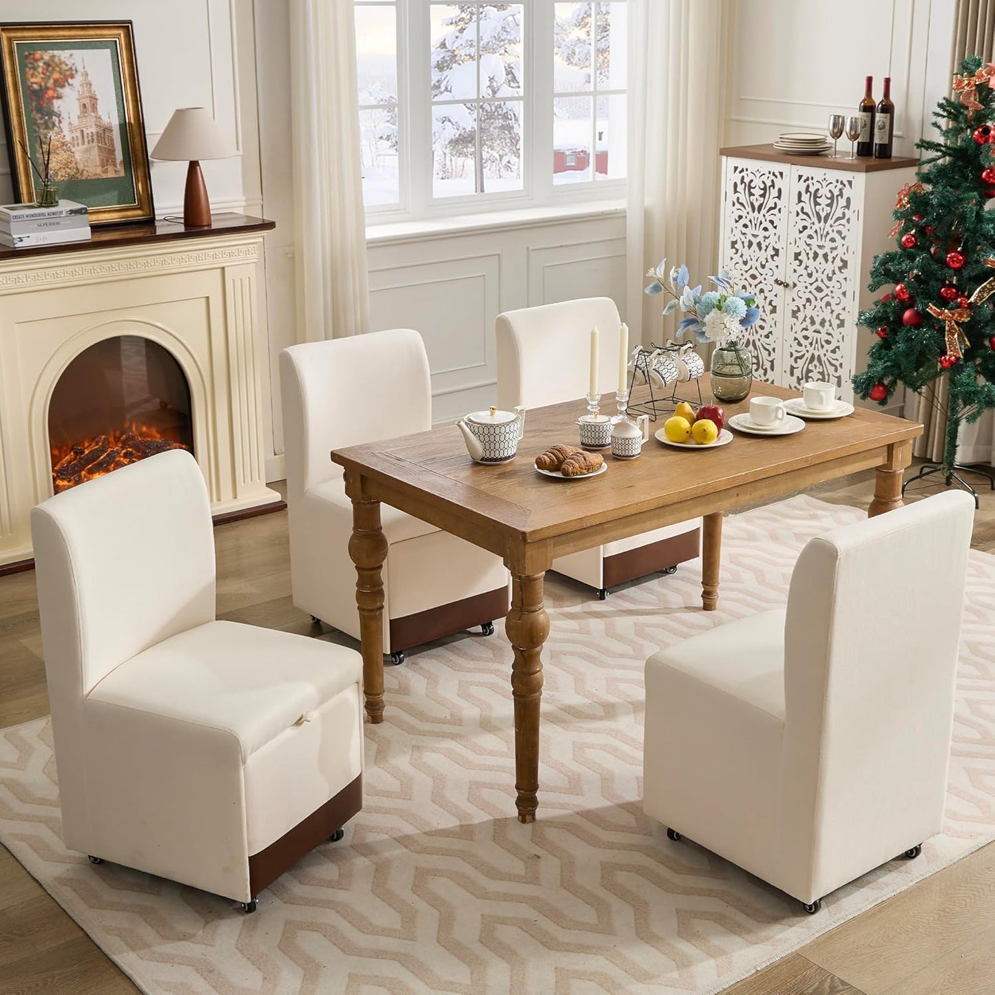 LAZZO Upholstered Dining Chairs Set of 4 w/Casters & Storage (4, Linen)