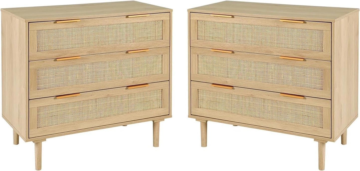LAZZO 3 Drawer Dresser for Bedroom, Rattan Dresser, 2PCS,Wood Oak