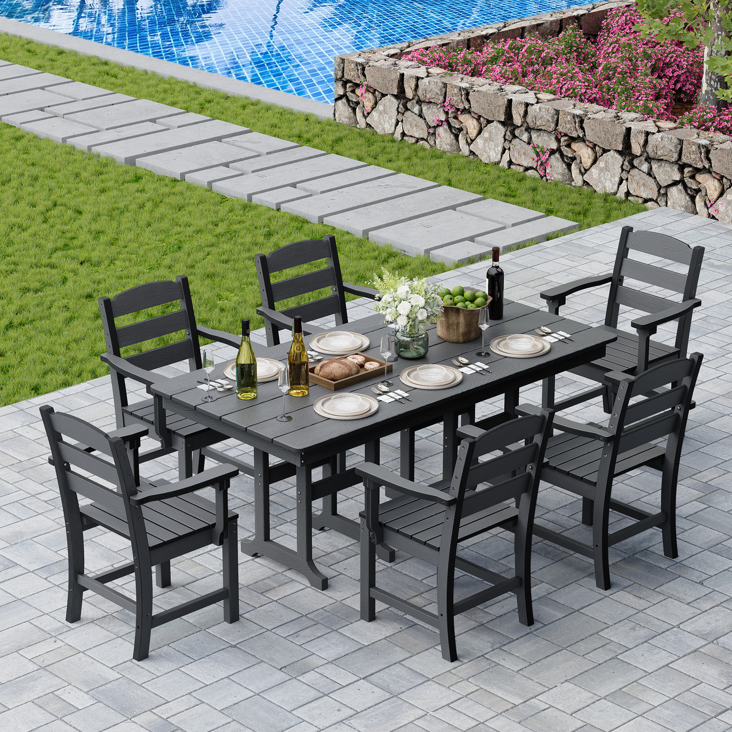 HOPUBUY 7 Pieces Patio Dining Set for 6, 71" HDPE All-Weather Dining Table & Chairs, Durable Outdoor Furniture for Garden, Backyard, Lawn & Poolside (Black)