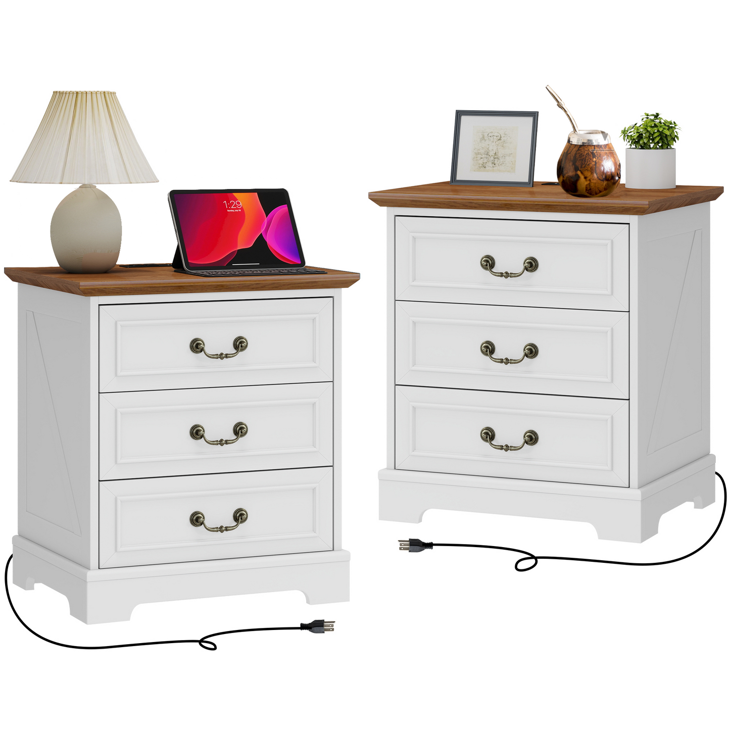 HOPUBUY 22" Farmhouse Nightstand Set of 2 with Charging Station, Wood Night Stand with Antique Handles, 3 Drawer Night Stand Tall Nightstand for Bedroom, Off White and Brown Top