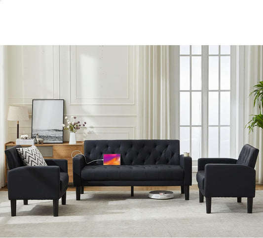 LAZZO 3 Pieces Sectional Sofa Sets, Faux Leather Black