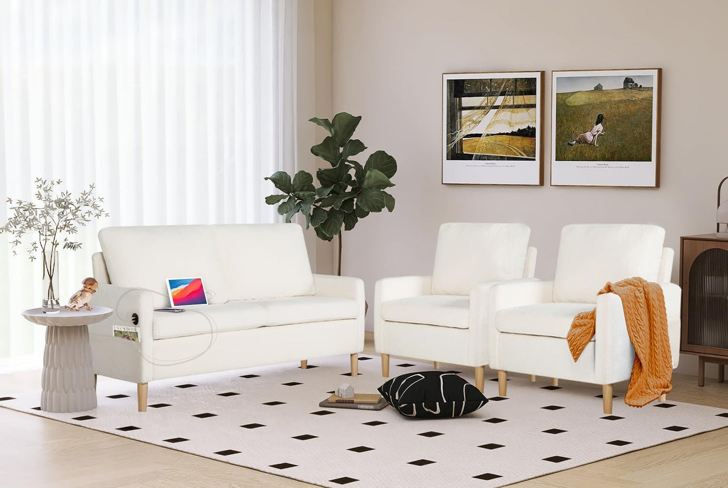 LAZZO Sectional Sofa Sets 3 Piece: 55” W Upholstered Loveseat Couch w/ 2 USB Charging Ports, Two Comfy Accent Arm Chairs, Cream White