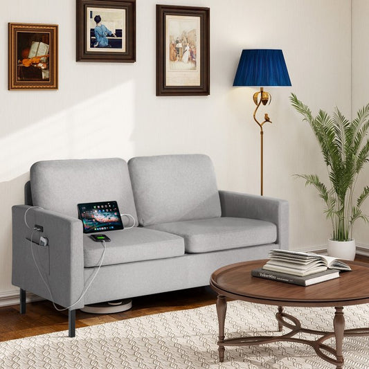 LAZZO 56" W Fabric Loveseat Sofa with 2 USB, Light Grey