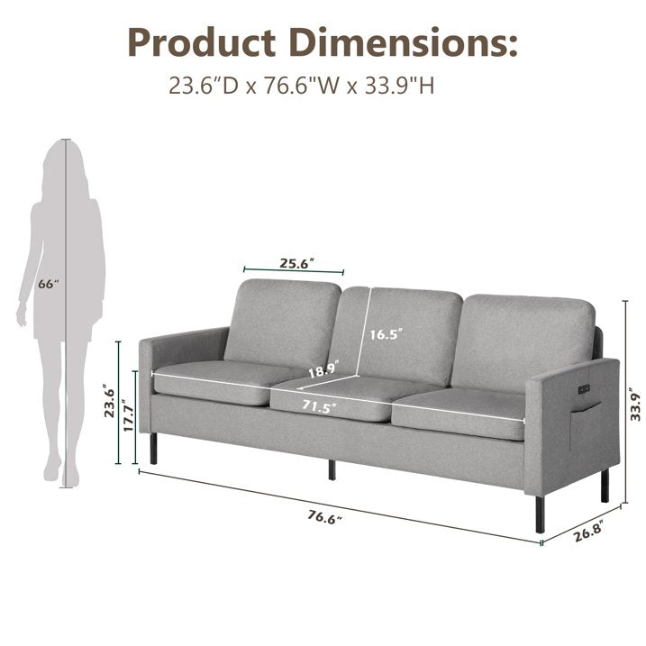 LAZZO 72" W Sectional Sofa 3 Seat Couch, with 2 USB (Light Grey ）