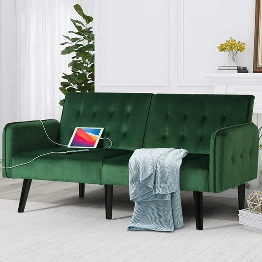 LAZZO 65" W Velvet Modern Convertible Folding Futon Couch Sofa Bed w/ 2 USB Charging Ports and arms(Green)