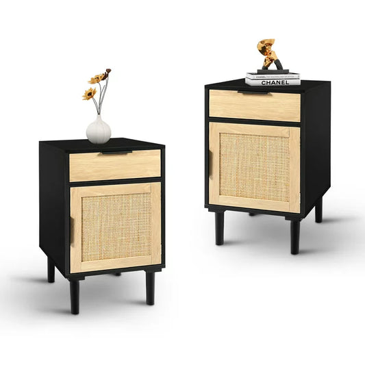 LAZZO Nightstands Set of 2 Black with Drawer and Cabinet Bedside Table with Rattan Door Wood Tall End Table Accent Side Table for Living Room, Bedroom and Office