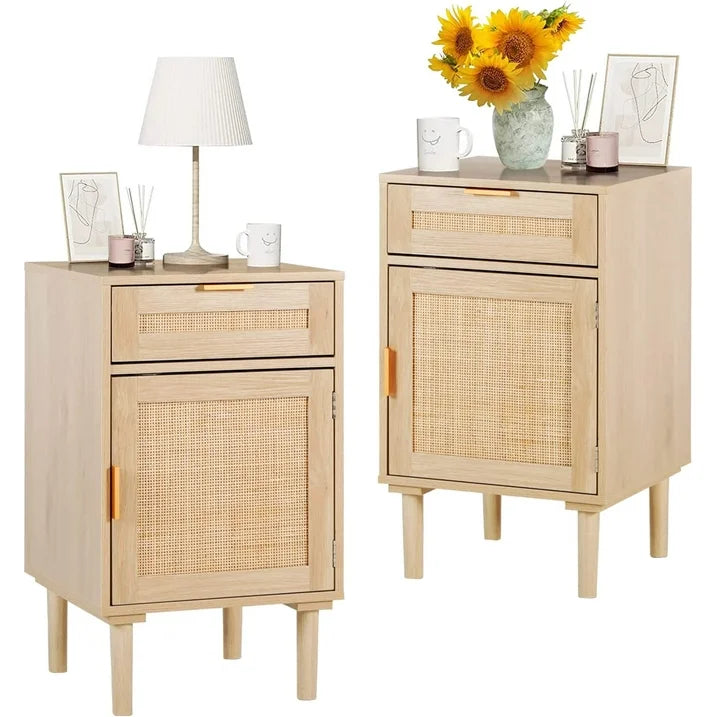 LAZZO Nightstands Set of 2, with Drawer and Shelf, Rattan Decorated Doors, Natural