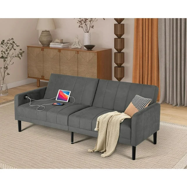 LAZZO 82" Sofas Bed Couch, Modern Upholstered Tufted Futon Sofa Bed w/USB & 2 Pillows, Gray