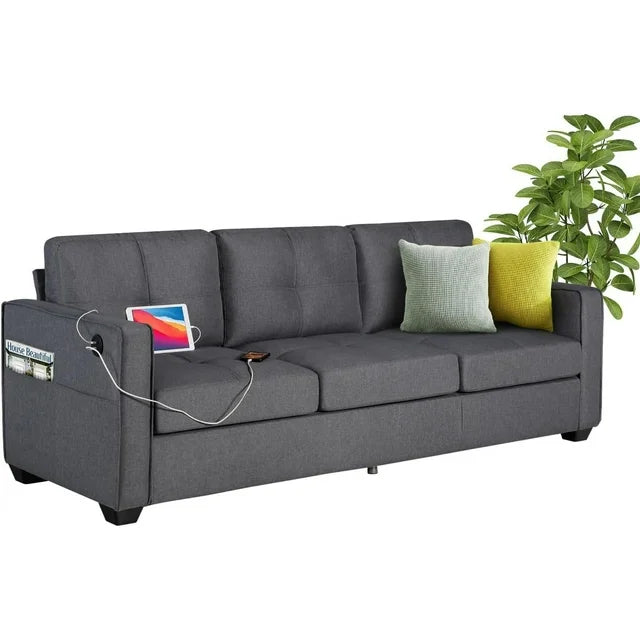 LAZZO 88" W Modern 3 Seater Sofa Couch w/ 2 USB Charging Ports and Upholstered Cushions