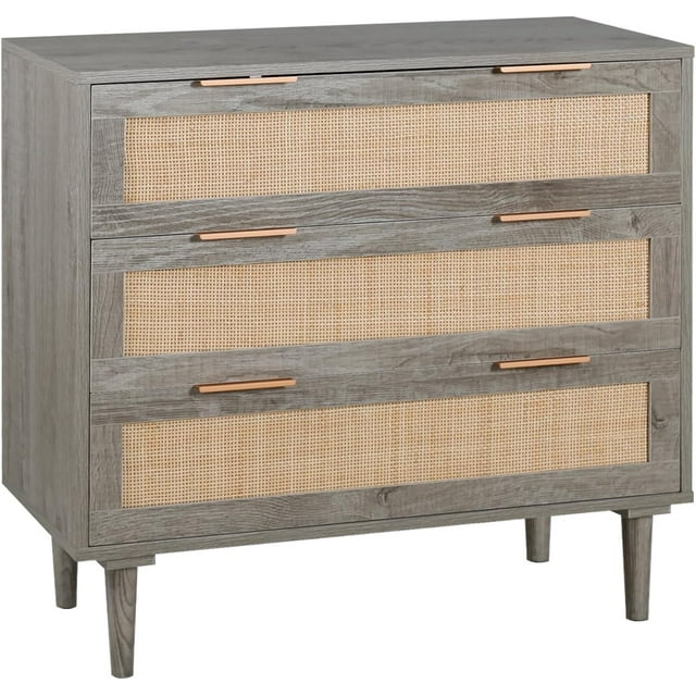 LAZZO 3 Drawer Dresser for Bedroom, Rattan Dresser, Gray