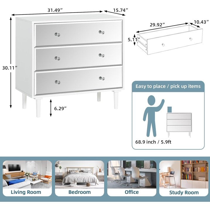 LAZZO 3 Drawer Mirrored Wood Dresser, Chest of Drawers, Large Storage Cabinet, White