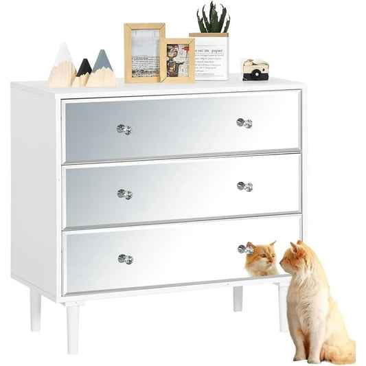 LAZZO 3 Drawer Mirrored Wood Dresser, Chest of Drawers, Large Storage Cabinet, White