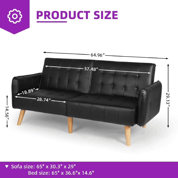 LAZZO Faux Leather Convertible 65'' Folding Futon Sofa Bed w/ 2 USB, Black