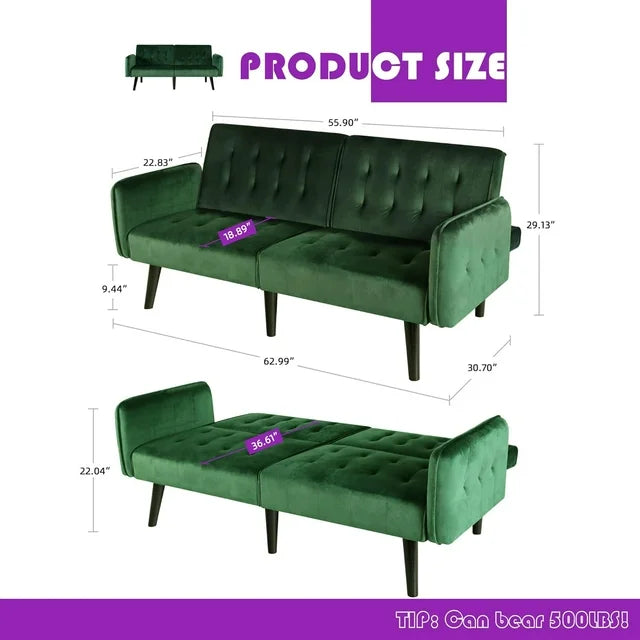 LAZZO 65" W Velvet Modern Convertible Folding Futon Couch Sofa Bed w/ 2 USB Charging Ports and arms(Green)