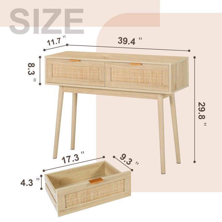 LAZZO Console Table with 2 Drawers Rattan Entryway Table with Storage Narrow Accent Sofa Table Modern Behind Couch Table for Hallway, Entryway, Living Room and Bedroom Natural Wood Color