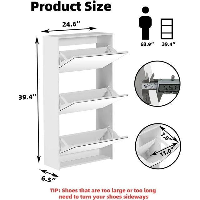 LAZZO 3 Tier Shoe Cabinet for Entryway, with Mirror, White