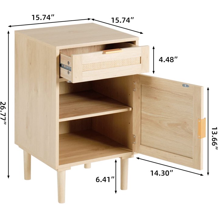 LAZZO Nightstands Set of 2, with Drawer and Shelf, Rattan Decorated Doors, Natural