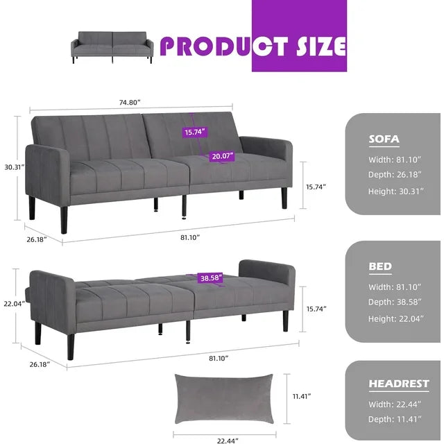 LAZZO 82" Sofas Bed Couch, Modern Upholstered Tufted Futon Sofa Bed w/USB & 2 Pillows, Gray