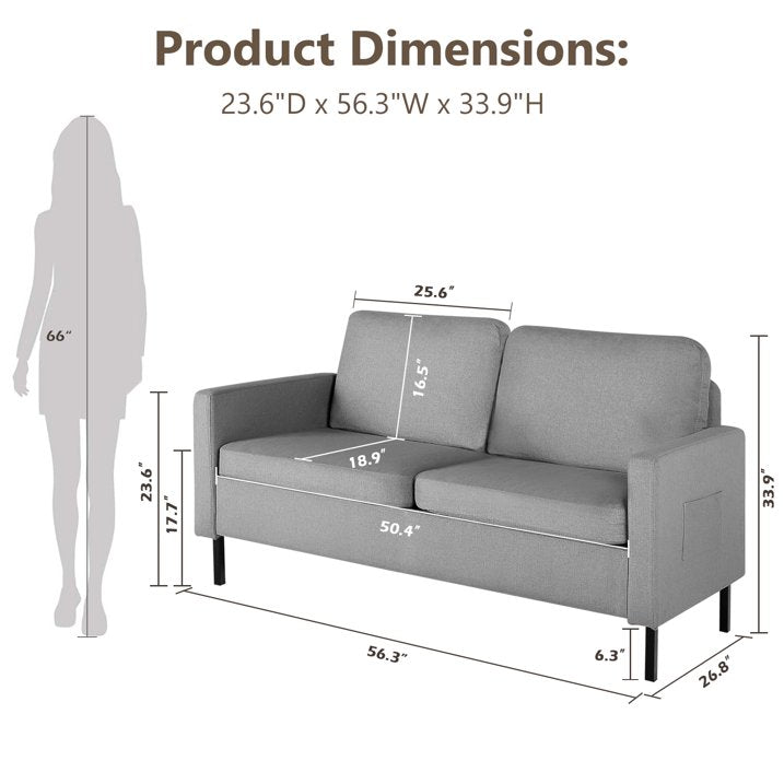 LAZZO 56" W Fabric Loveseat Sofa with 2 USB, Light Grey