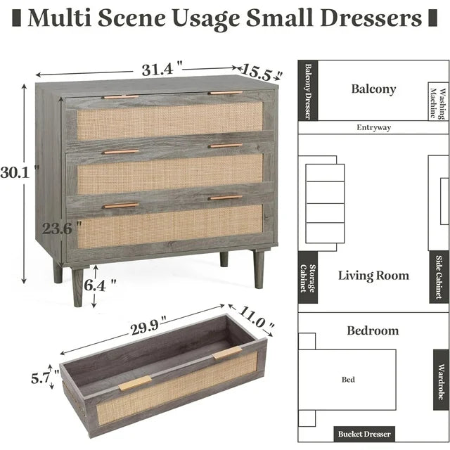 LAZZO 3 Drawer Dresser for Bedroom, Rattan Dresser, Gray