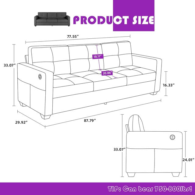 LAZZO 88" W Modern 3 Seater Sofa Couch w/ 2 USB Charging Ports and Upholstered Cushions