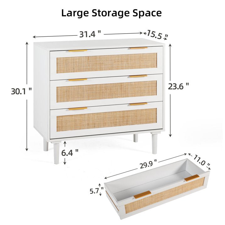 LAZZO 3 Drawer Dresser for Bedroom, Rattan Dresser, Wood White