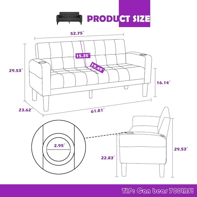 LAZZO Linen Upholstered Modern Love Seats Sofa w/ 2 USB