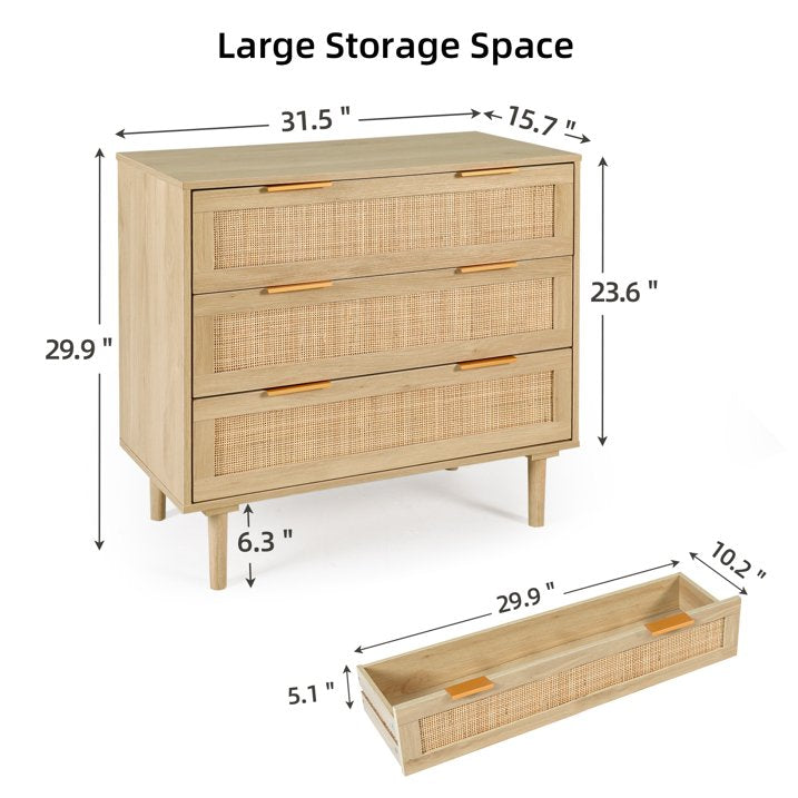 LAZZO 3 Drawer Dresser for Bedroom, Rattan Dresser, Wood Oak