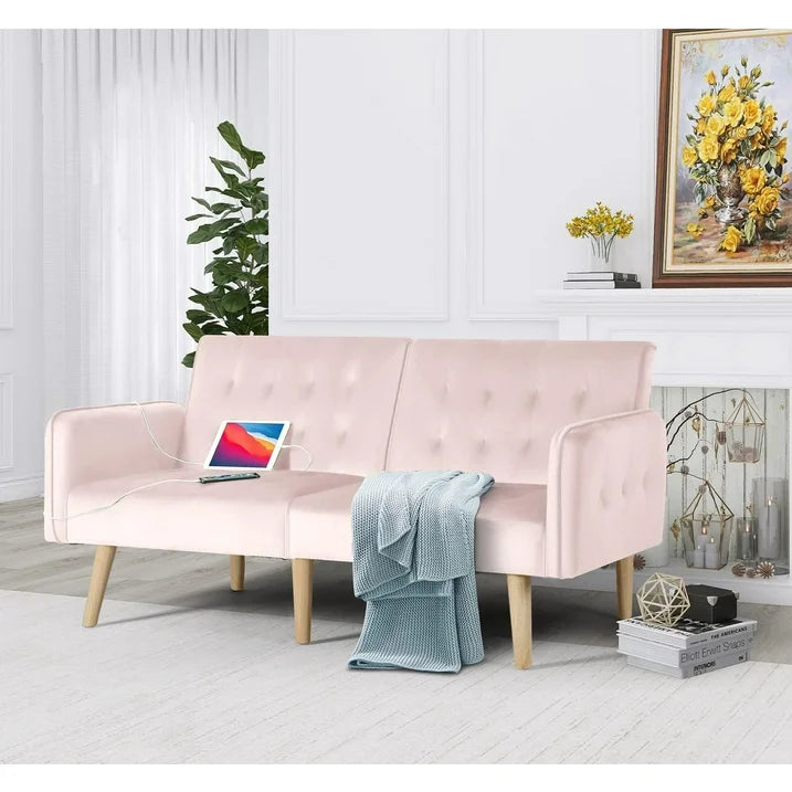 LAZZO 65" W Velvet Modern Convertible Folding Futon Couch Sofa Bed w/ 2 USB Charging Ports and arms (Pink)