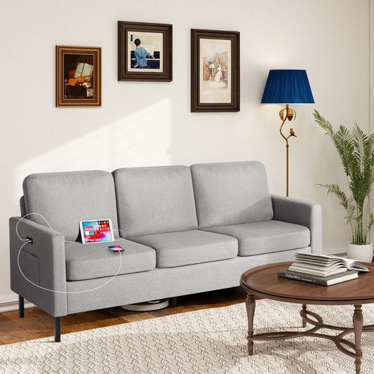 LAZZO 72" W Sectional Sofa 3 Seat Couch, with 2 USB (Light Grey ）