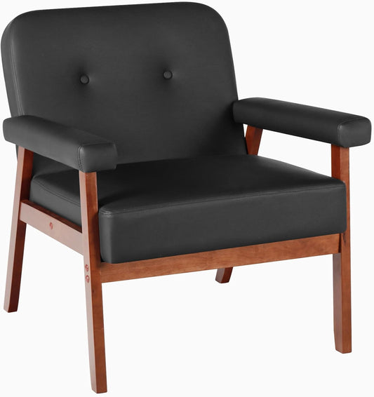 LAZZO Mid Century Faux Leather Black Accent Chair with Wood Arms (1, Black)