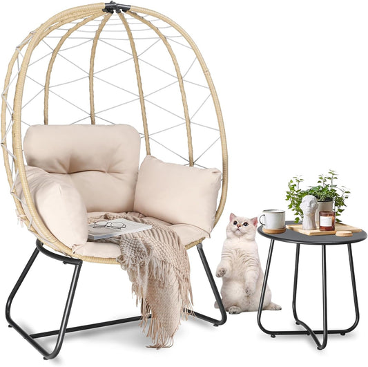 LAZZO Egg Chair Oversized Lounge Wicker Chair with Cushion & Table