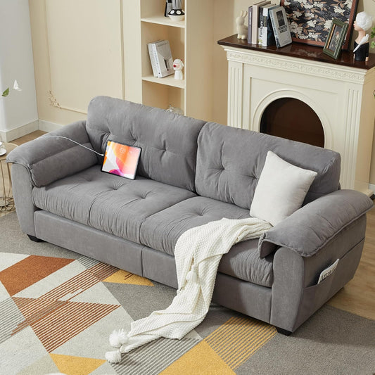 LAZZO 88" W 3 Seater Comfy Grey Couch w/USB Charging Ports & Side Pocket, Light Grey