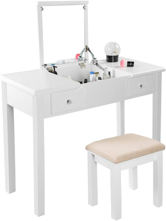 LAZZO Vanity Table with Cushioning Makeup Stool Set, Flip Top Mirror