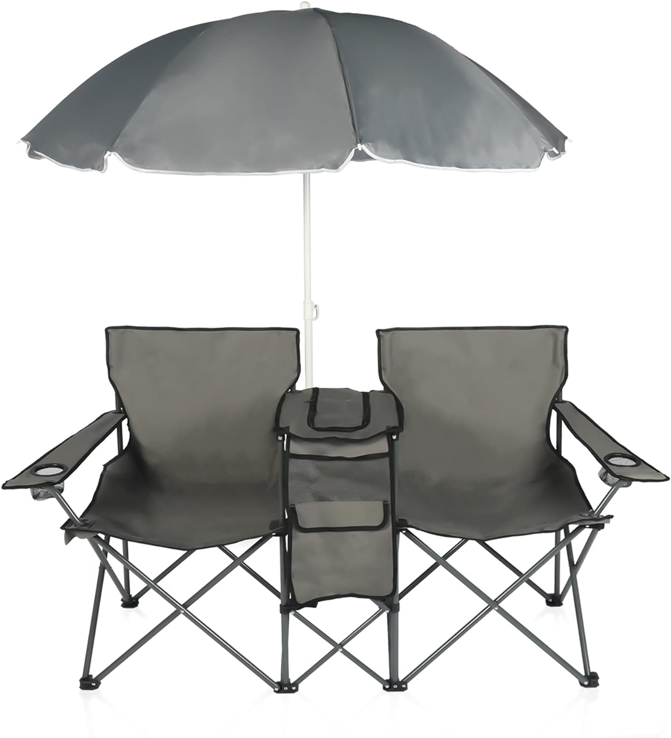 LAZZO Double Folding Camping Chair W/Umbrella Fold Up Table Beverage Holder Carrying Bag Cooler，Grey