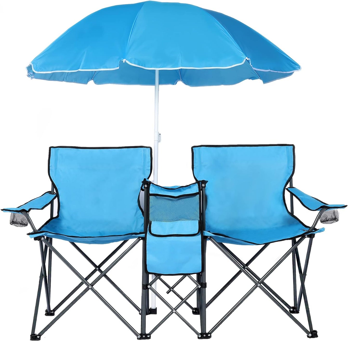 LAZZO Double Folding Camping Chair W/Umbrella Fold Up Table Beverage Holder Carrying Bag Cooler，Blue