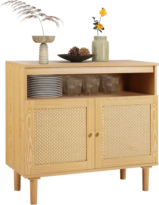 LAZZO Boho Farmhouse Buffet Cabinet with Rattan Doors and Adjustable Shelves – Natural Ash