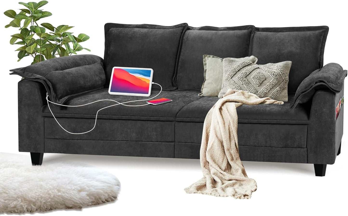 LAZZO 85" Sofa, Modern 2/3 Seater Couch with USB Charging Ports